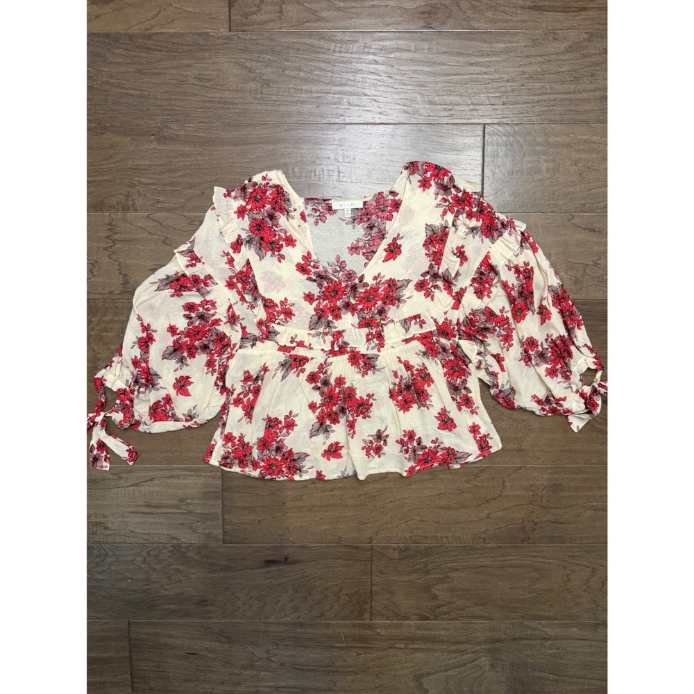 Anthropologie Eri + Ali Blouse Womens Medium Cream Floral Peplum Boho Ruffle Top
